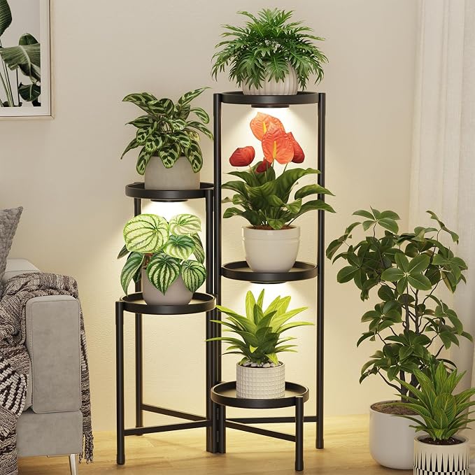 LASZOLA 5 Tier Large Plant Stand Indoor Tall with Grow Lights, Corner Folding Flower Display Rack with 10 Inch Metal Tray, Modern Plant Holder Shelf for Outdoor Patio Porch Garden Living Room, Black
