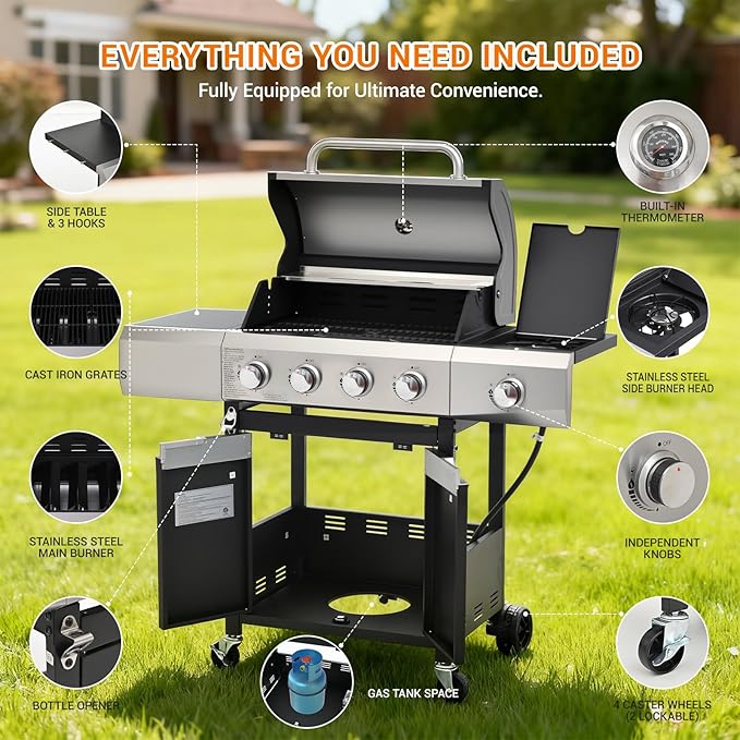 EUHOME Upgraded 51,000 BTU Stainless Steel Burner Barbecue Grill, 4 Burner BBQ Propane Gas Grill with Side Burner, 452 sq.in Cooking Area with Porcelain for Patio, Camping, Outdoor Cooking