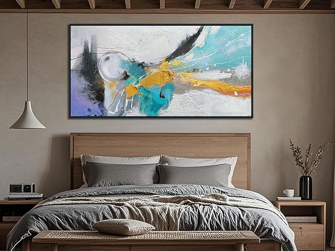 Arjun Large Abstract Wall Art for Living Room Wood Framed, Black and White Canvas Painting for Mens Room Textured Modern Picture Bedroom Home Office Wall Decor 48"x24"