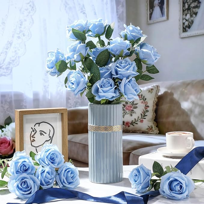 30 Pcs Rose Artificial Flowers in Bulk Real Touch Long Stem Silk Roses Bouquets Realistic Faux Flowers for Wedding Bridal Shower Home Decor Floral Arrangements Table Centerpiece(Light Blue)