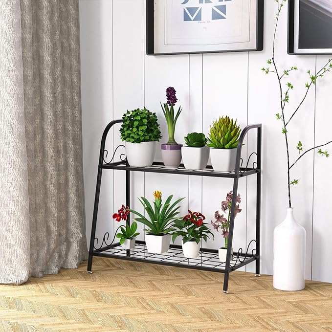 Giantex 2 Tier Metal Plant Stand, Indoor Outdoor Plant Shelf, Flower Rack Display Shelf, Flower Pots Holder with Adjustable Feet for Garden, Balcony, Living Room (2-tier (25'' x 12'' x 24.5''))