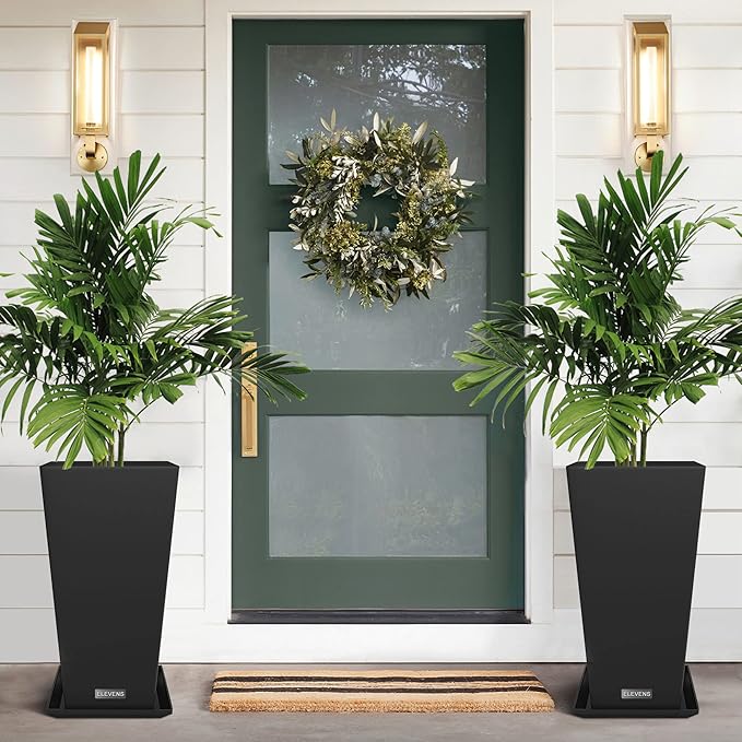 Elevens Outdoor Planter Larger Flower Pots Indoor Taper Garden V-Shape Tall Planters 30 inches Garden Pots Planter with 2 Trays - Black（2 Packs）, 30"-2 Pack (USAM004)