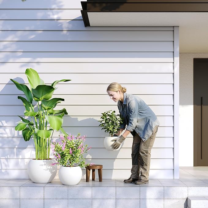 DTY Signature Mount Sherman Modern Indoor Outdoor Fiberstone Sphere Planter, Durable Round Garden Pot, Weather Resistant, Drainage Hole & Rubber Plug, Planter for Christmas Tree - Small, White