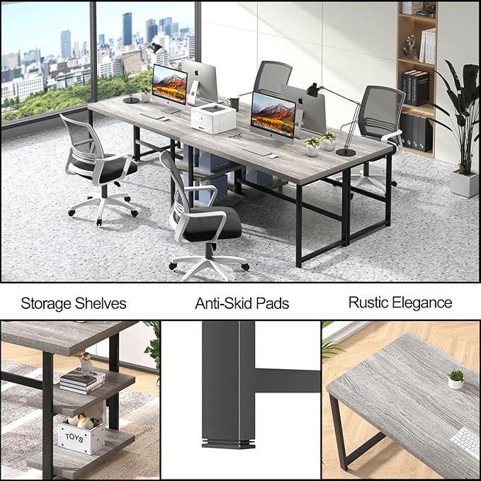 FOLUBAN 60 Inch Computer Desk, Modern Large Home Office Desk with Storage Shelves, Wood and Metal Writing Table Study Gaming Desk Workstation for Living Room, Industrial Light Grey