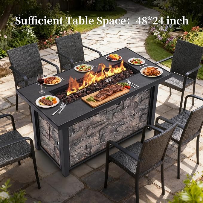 48'' Propane Fire Pit Table, 50000 BTU Outdoor Gas Fire Pit, with Stone Panel, Ceramic Tabletop & Aluminum-Coated Steel Tube Legs, Lava Rocks, Metal Lid and Rain Cover for Outside Patio