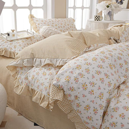 Ruffle Comforter Set Queen Vintage Rose Flower Comforter 3 Pieces Romantic Floral Bedding Set Queen Fluffy Soft Flowers Botanical Comforter Set 1 Flower Ruffled Comforter with 2 Lace Pillowcases