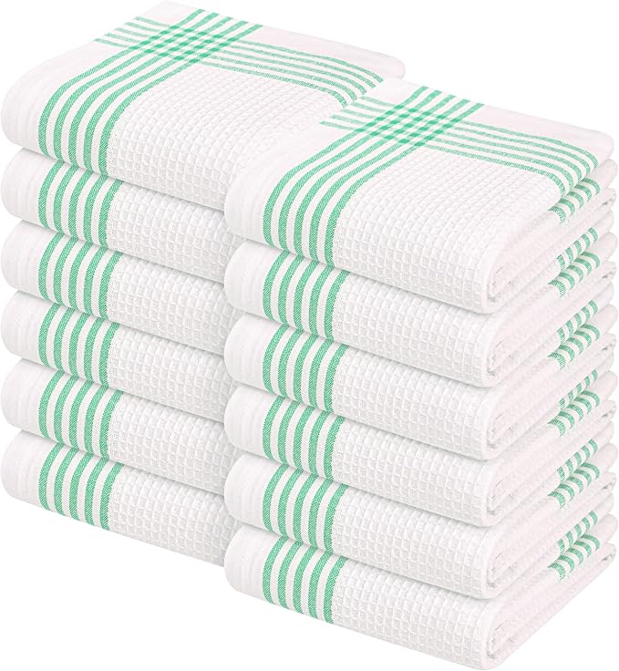 Waffle White & Dark Green Kitchen Towels 12 Pack, 100% Cotton, 16x26 inches, Super Absorbent Tea Towel for Drying Dishes, Quick Drying Kitchen Cloth Set for Daily Cooking, Cleaning