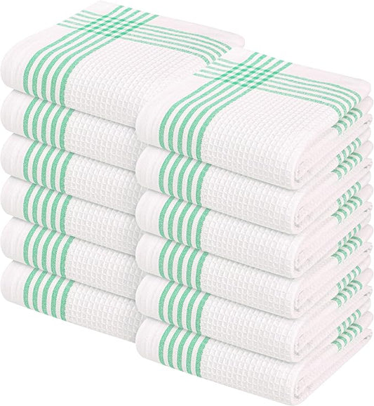Waffle White & Dark Green Kitchen Towels 12 Pack, 100% Cotton, 16x26 inches, Super Absorbent Tea Towel for Drying Dishes, Quick Drying Kitchen Cloth Set for Daily Cooking, Cleaning
