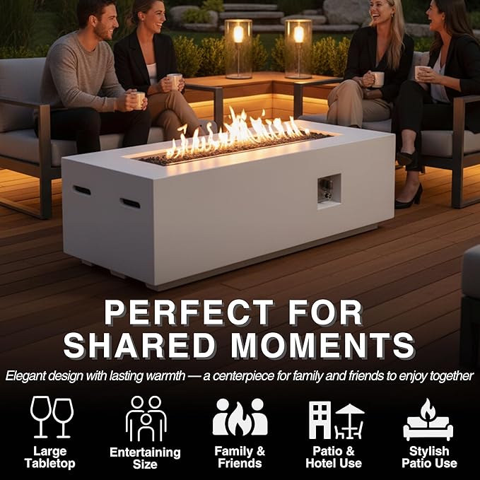 HillAethel 60-Inch Rectangular Outdoor Gas Propane Fire Pit Table,60,000 BTU Light Concrete Fire Table with Waterproof Cover, Tank Seat,Free Lava Rocks, for Outside Patio Backyard,White