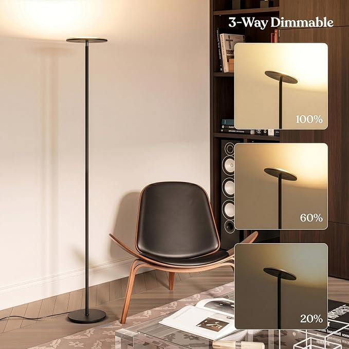 Brightech Sky LED Floor lamp, Torchiere Super Bright Floor Lamp for Living Room Decor & Office - Dimmable, Tall Standing Torch Lamp with Warm Light for Bedroom & Reading - Black