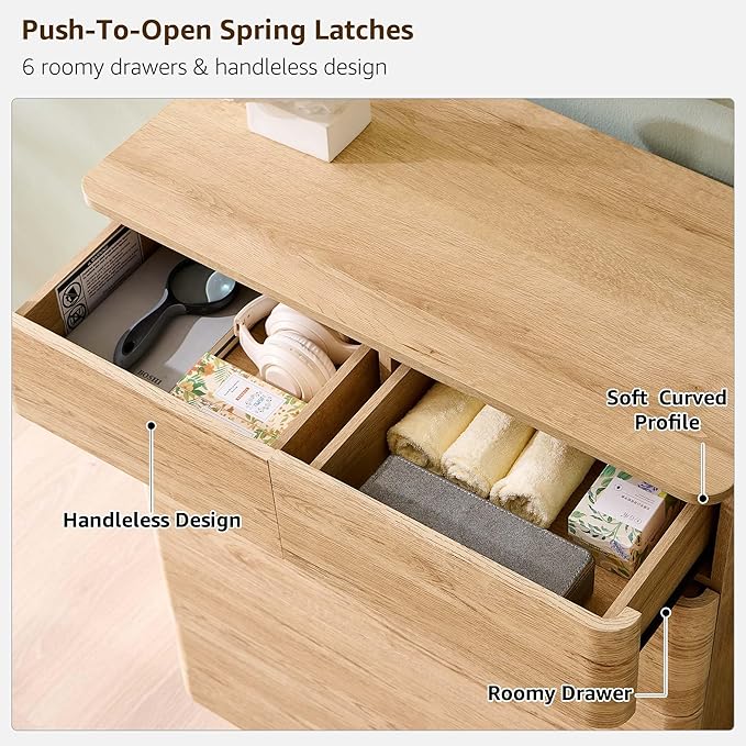 JXQTLINGMU 6 Drawer Dresser for Bedroom, 42" Tall Modern Push-to-Open Chest of Drawers, Wood Storage Organizer w/Curved Profile & Handleless Design for Bedroom, Living Room, Natural Oak