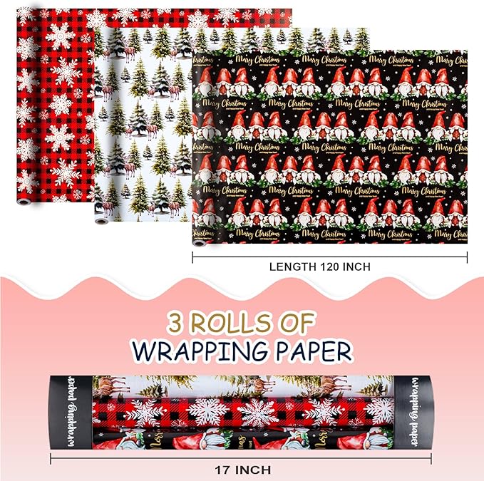 MAYPLUSS Festive Christmas Wrapping Paper - 17Inch x 10Feet Per Roll - Fairy Forest Deer Gnome Holiday Christmas Snowflake Thick Rolled Gift Wrap for Winter, Holiday, Party and Celebrations