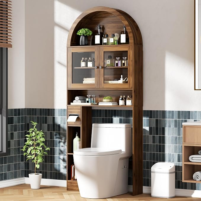 Arched Over The Toilet Storage Cabinet with Glass Doors, Above Toilet Bathroom Organizer, 4 Tier Bathroom Cabinet Shelves with Toilet Paper Holder, Mid Century Modern Storage Rack, Tall, Wide, Walnut