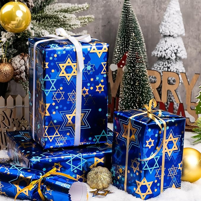 MAYPLUSS Hanukkah Wrapping Paper Roll - 17In * 32.8 Ft - Navy Blue Star of David Gift Wrap Present Paper with Metallic Foil Design for Chanukah Jewish Festival, Christmas, Party, Holiday & DIY Craft
