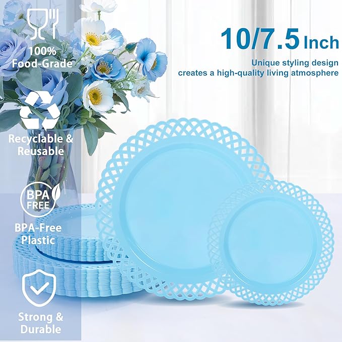 COLOSUS 60Pcs Blue Plastic Plates, Fancy Blue Hanukkah Plates, Nice Scallop plates,Heavy Duty Lace Hollowed Out Plate Set include 30 Dinner Plate 10” and 30 Salad/Dessert Plate 7.5”for Hanukkah