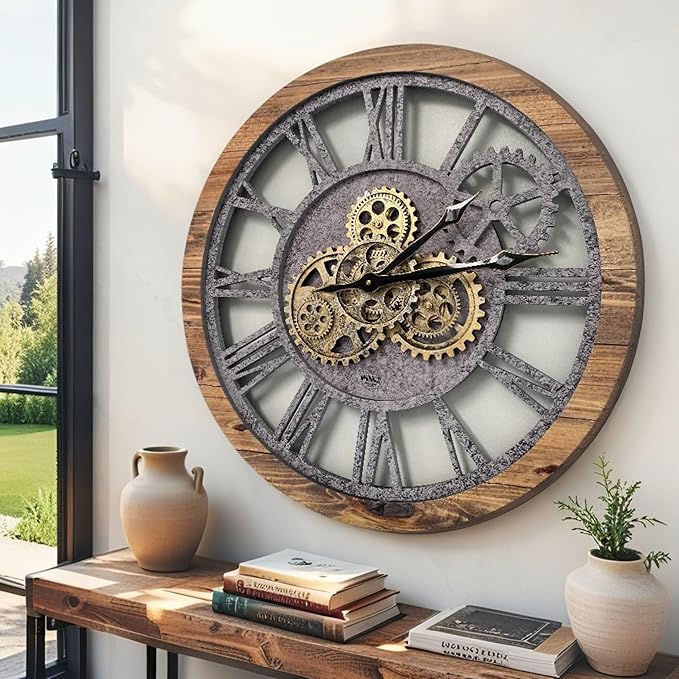 ImprovingLife The Gears Clock The Original Real Moving Gear Wall Clock Vintage Industrial Oversized Rustic Farmhouse (24 inch (60cm),Wood&Stone)