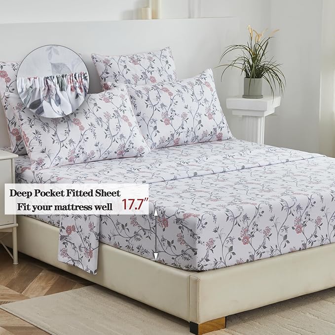 FADFAY Sheets Set Cal King Rustic Bird Floral Bed Sheets Set Vintage Botanical Bedding Shabby Branches Leaves Bedding Collections 100% Egyptian Cotton 17.7" Deep Pocket 4Pcs, California King Size
