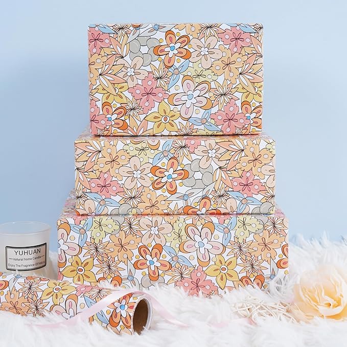 RayofSun Floral Wrapping Paper Roll 17 in x 32ft Mini Roll Boho Vintage Flower Gift Wrap All Occasion Wedding Birthday Bridal Shower Party Baby Shower Christmas