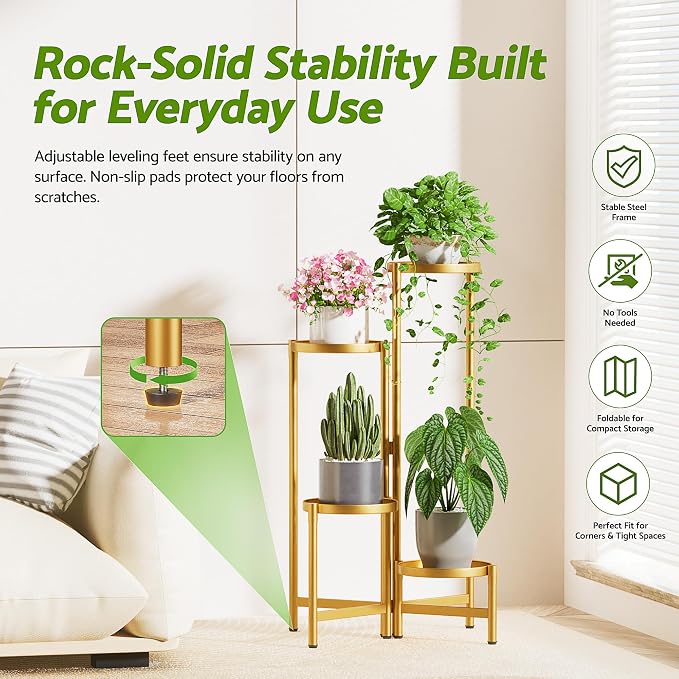 Gold Plant Stand, 4 Tiered Plant Stand Indoor for Multiple Large Planter, Tall Heavy Duty Adjustable Folding Rack with Rustproof 7.9 Inch Wide Tray, Plant Shelf for Corner - GoldDisk