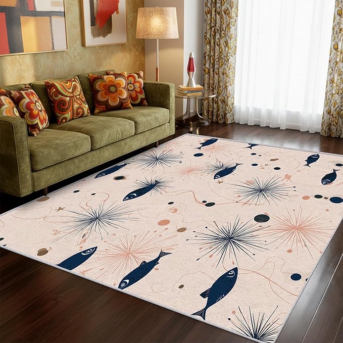 Mid Century Modern Rug 7x9 Starburst Atomic Fish Retro Pattern Area Rugs for Living Room, Bedroom, Mid Century Modern Home Decor Accessories Indoor Carpet, Non Slip & Machine Washable