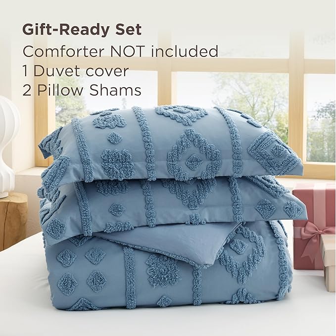 Bedsure Boho Duvet Cover King - Dusty Blue Tufted Boho Bedding, Farmhouse Shabby Chic Embroidery Bedding for All Seasons, 3 Pieces, 1 Soft Jacquard King Comforter Cover and 2 Pillow Shams