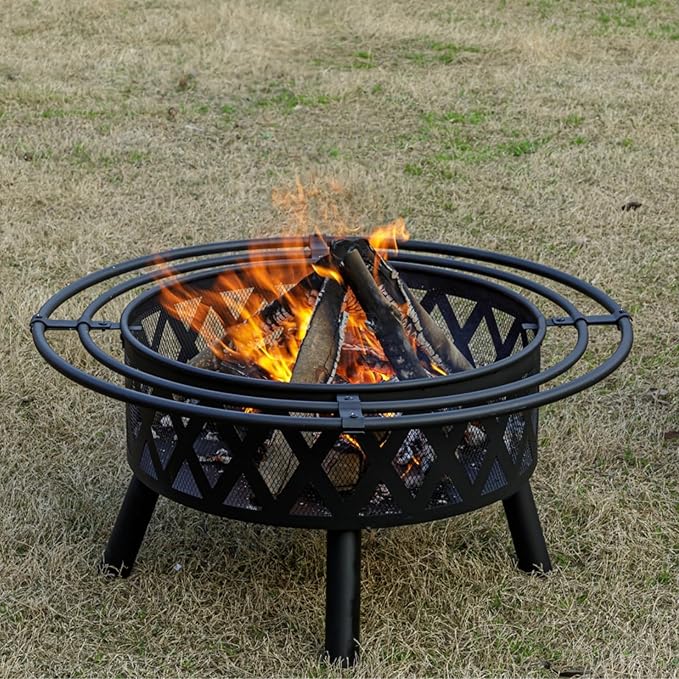 EcoNook 36 Inch Wood Burning Fire Pit with 2 Loops, Outdoor Fire Pit with Spark Screen & Fire Poker, Cross Weave Firepit for Outside Fireplace Bonfire for Yard,Patio, Garden
