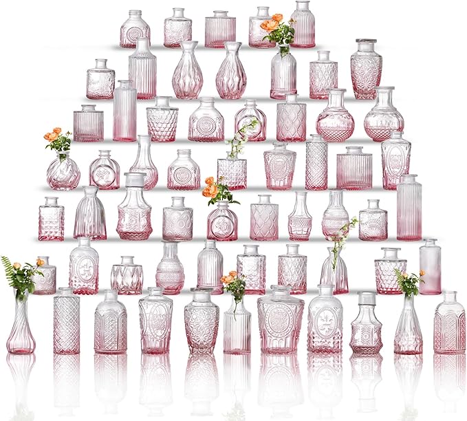 Glass Bud Vase Set of 60 - Small Vases for Flowers in Bulk - Assorted Vintage Crystal Vases for Flowers, Table Centerpieces (Pink, 60 Pcs)