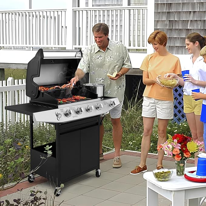 Lyromix 4 Burners Gas Grill with Side Burner, Propane Grill with Wheels and Storage, Outdoor Gas BBQ with Oil Tray and Thermometer for Patio and Party, 49200 BTU