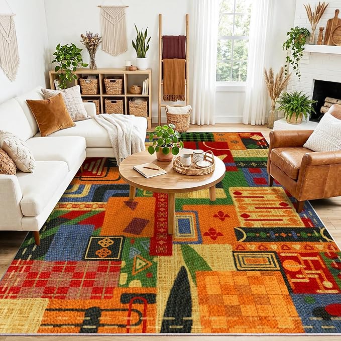 6x9 Abstract Tribal Patchwork Area Rug, Boho Patchwork Colorful Rugs for Living Room, Modern Memphis-Inspired Throw Carpet, Washable Non-Slip Low Pile Rug for Dining Room Office Bedroom Dining Room