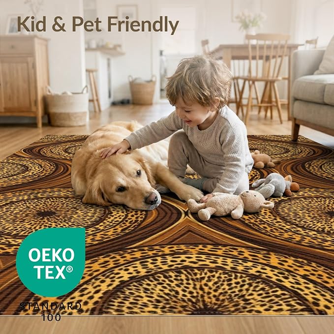 5'x7' Washable Flatwoven Rug, Orange Abstract Leopard Print Stain Resistant Area Rug for Guest Room, Lounge, Apartment, Non-Slip Low Profile Floor Covering | Ref:2229844