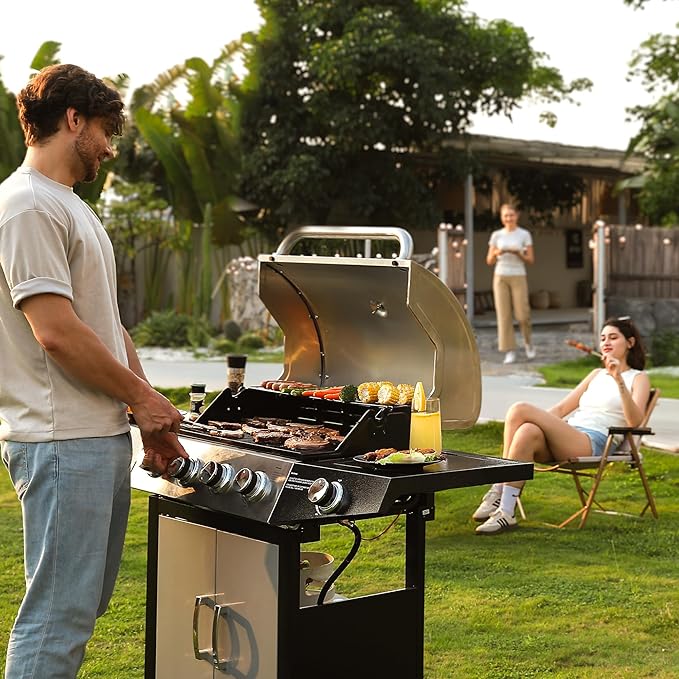 MASTER COOK 4 Burners Gas Grill, 518 Sqin Cooking Area, 52,000 BTU Propane Grill with Side Burner, Stainless Steel Cabinet Grill, Silver & Black