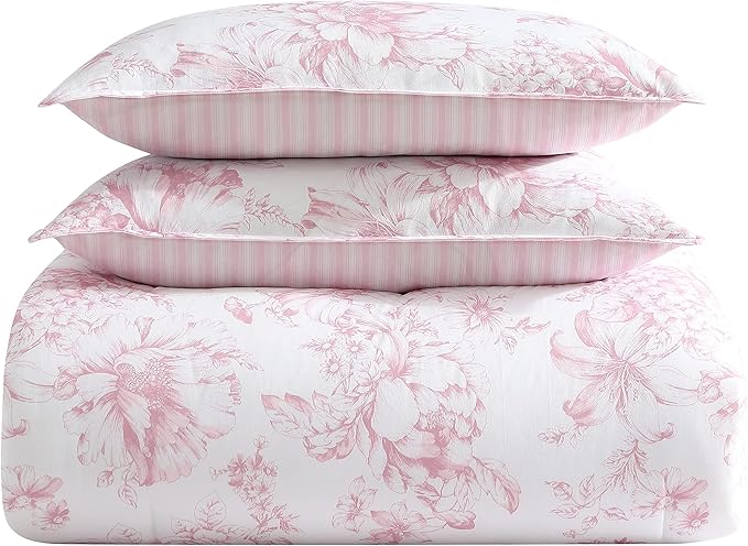 Laura Ashley - King Comforter Set, Soft & Reversible Cotton Bedding with a Smooth Feel, Medium Weight for Year Round Comfort, 3 Piece Bed Set with Matching Pillowcases (Delphine Mauve Pink)