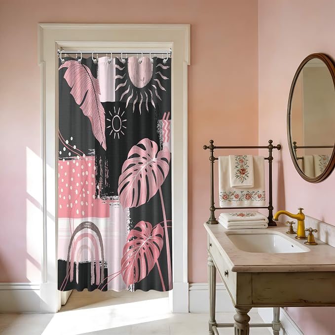 Small Stall Narrow Shower Curtain Pink and Gray Stand Up Abstract Grey Bohemian Shower Curtains for Rv Camper Bathroom Decor Sets, Waterproof Cloth Fabric with Hooks, 48 x 72 Inch
