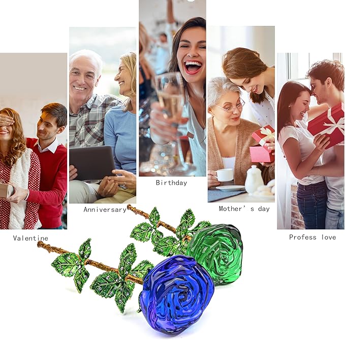 HDCRYSTALGIFTS 9.5'' Crystal Rose Flower Glass Blue and Green Flowers with Green Leaves for Wedding Anniversary/Wife, Romantic Forever Gifts for Her (Pack of 2)