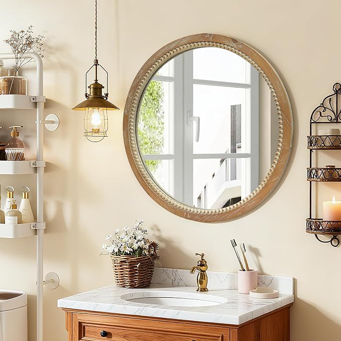23.62" Round Rustic Farmhouse Wall Mirror Distressed Wood Beaded Frame Vintage Accent Mirror Wall Mounted HD Decorative Mirror For Bathroom Bedroom Entryway Modern Farmhouse Mid-Century Home Decor