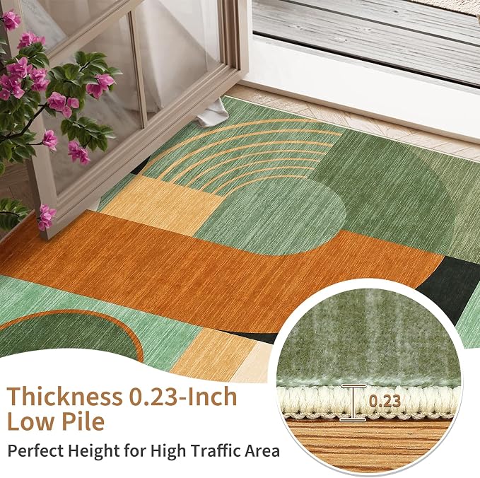 2x8 Runner Rugs, Boho Geometric Print Washable Hallway Runner Long Entryway Rug Soft Low Pile Non-Slip Kitchen Rug Runners for Bedroom Laundry, Green Multi, 2'x8'