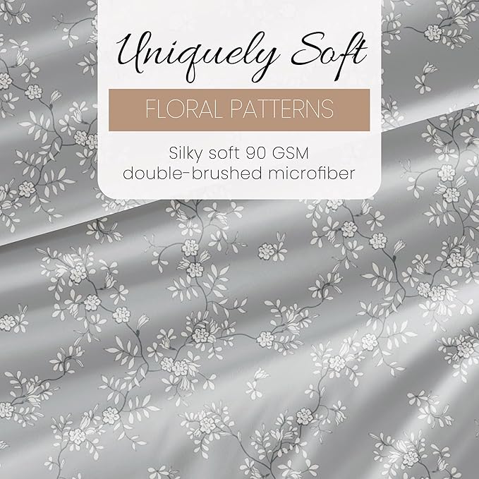 Linen Market Double-Brushed Patterned Microfiber California King Sheet Set 4 Piece – Oeko-TEX Certified Ultra Soft & Wrinkle-Free - 16" Deep Pocket Sheets Easy Care Cal-King Size - Trellis Vine Gray