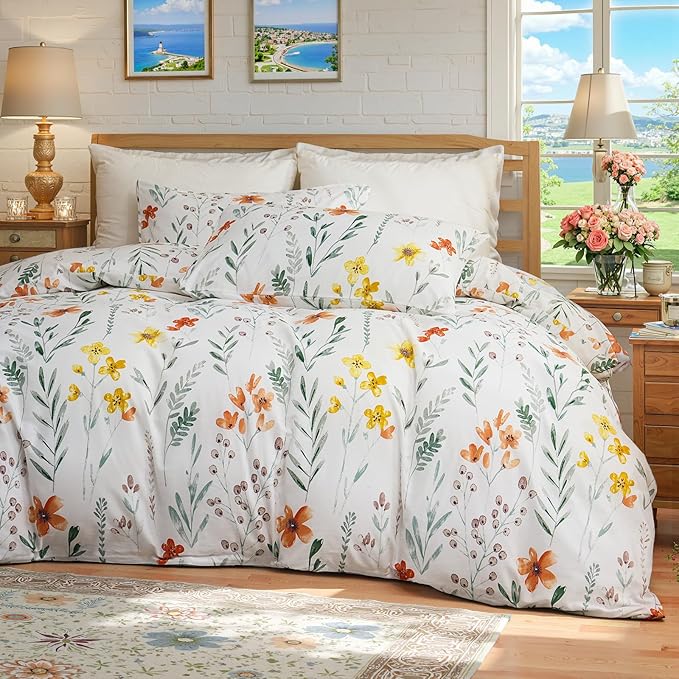 Floral Duvet Cover Queen Size, 100% Nature Cotton 3 Pcs Garden Floral Aesthetic Bedding Set with Zipper Closure Ultra Soft&Breathable Cottagecore Botanical Duvet Cover Set