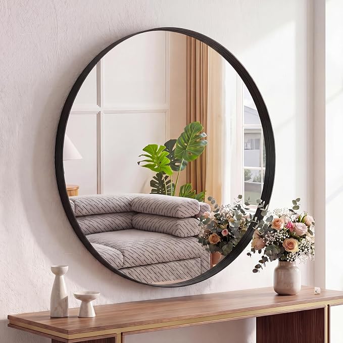 Sweetcrispy Bathroom Round Mirrors for Over Sink, 28 Inch Wall Circle Mirror with Matte Metal Frame, Modern Wall Mount Vanity Mirror for Home Decor, Living Room, Bedroom, Black