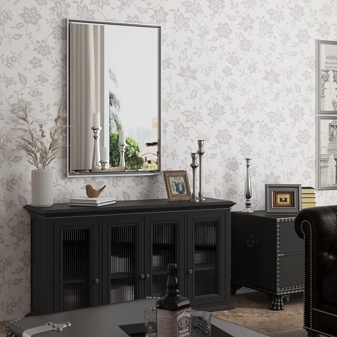 Silver Bathroom Mirror, 24x36 Inch Beveled Vanity Mirror for Wall, Anti-Rust Silver Metal Framed Rectangle Mirror (Vertical/Horizontal)