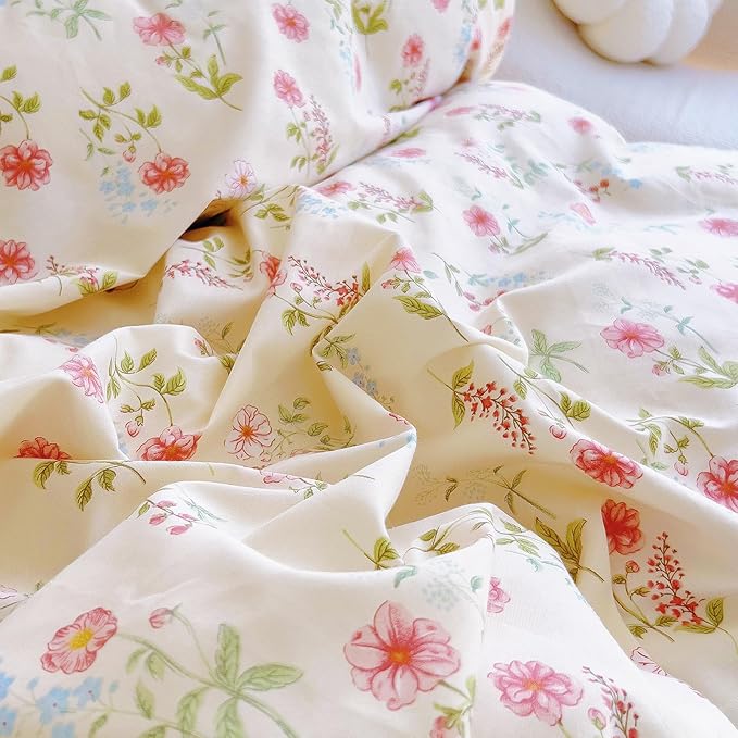 EAVD French Garden Style Pink Flower Duvet Cover with Ruffles Queen Soft Cotton Chic Shabby Pink Floral Bedding Set with 2 Pillowcases Romantic Botanical Print Duvet Cover with Zipper Closure
