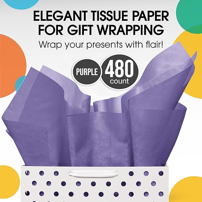 Party Solids Purple Tissue Paper for Gift Bags - 15" X 20" Bulk Tissue Paper Purple 480 Sheets - 10lb Newsprint for Packing, Birthday Gift Box Filler, Packing Supplies for Moving Supplies