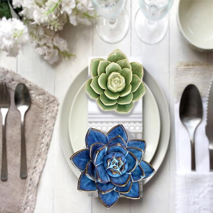 Ceramic Succulent Flowers Table Top with Stable Base, 3D Handmade Tablescape Decorative (Green)