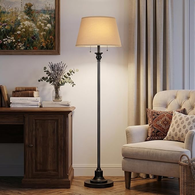 2-Light Floor Lamp for living room, 66.5'' Rustic Farmhouse Pole Lamp with Double Pull Chain, Mid Century Vintage Tall Standing Lamp for Bedroom Home Decor(3 Color Temperatures Bulb Included), Black