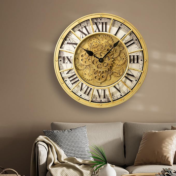 18 Inch Large Gear Clock with Realistic Moving Gears Industrial-Style Steampunk Wall Decor Clock Ideal for Living Rooms, Home Offices, Factories, Bedrooms, Warehouses, and Cabins (Gold White, 18 inch)