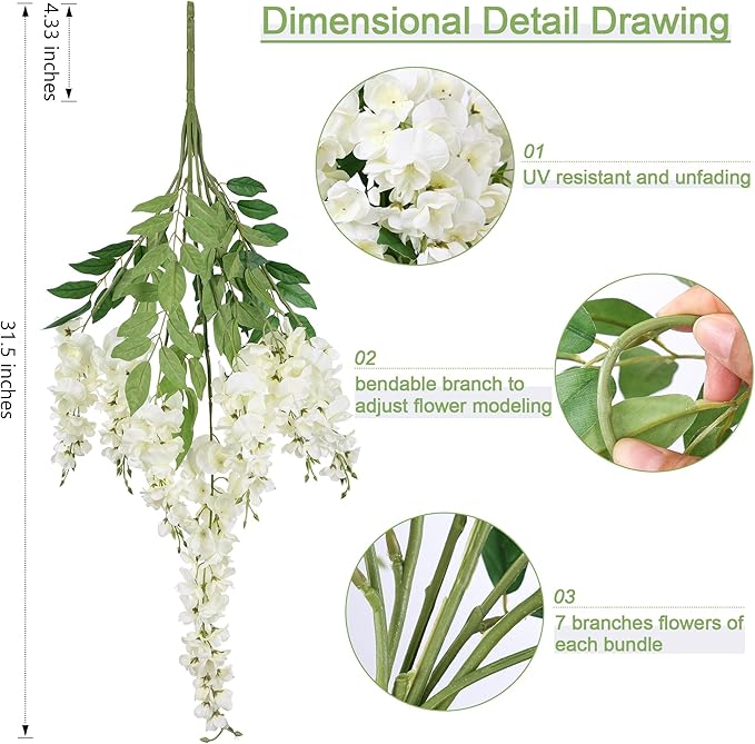 HyeFlora Fake Flowers Indoor Plants, 2Pcs Greenish White Hanging Wisteria Decoration, Light Cream White UV & Fading Resistant, Room Decor for Kitchen Living Room Bathroom Centerpiece Table