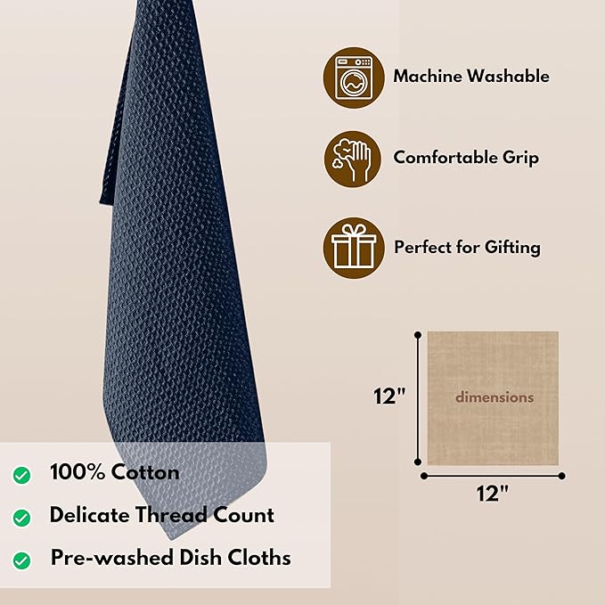 Native Fab 6 Pack Waffle Dish Cloths - 100% Cotton, Absorbent, Quick Drying & Soft Towels for Cleaning, Cooking & Baking - Ideal for Home, Restaurants & Cafes - 12x12 Inches - Navy Blue