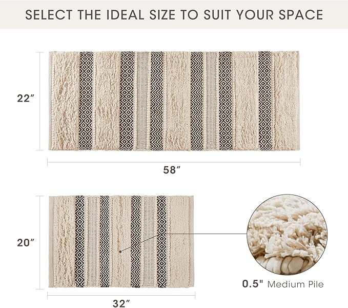 INK+IVY Bath Rug Hand-Woven Texture Shaggy Striped Soft & Water Absorbent, Boho Bathroom Décor Bath-Mats, Non-Slip Absorbent Quick Dry Mats for Tub, Shower Room, Asher, 22x58, Black 1 Piece