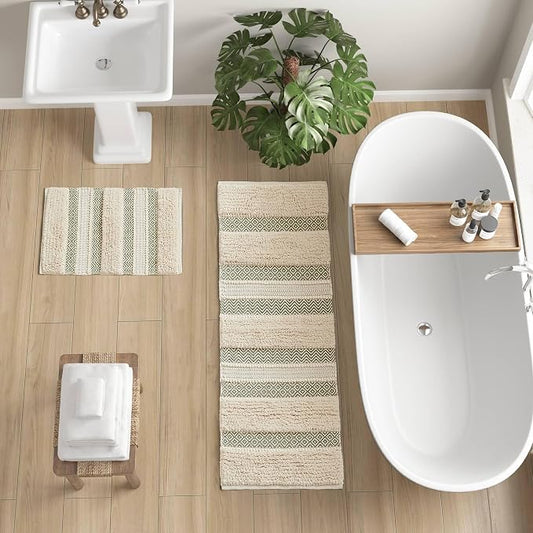 Ink+Ivy Bath Rug Hand-Woven Texture Shaggy Striped Soft & Water Absorbent, Boho Bathroom Décor Bath-Mats, Non-Slip Absorbent Quick Dry Mats for Tub, Shower Room, Asher, 22x58, Sage Green 1 Piece