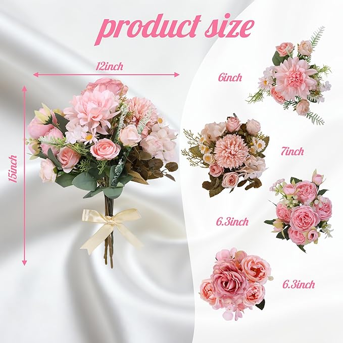Bulk 12 Bundles Artificial Peonies Flowers, Silk Roses, Faux Dahlias & Chamomile in Hydrangea Bouquet for Vase Filler, Wedding Centerpiece, Home Party Decor